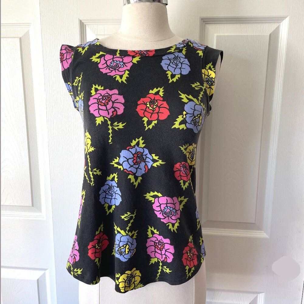 NOOWORKS Roses Muscle Tee Top, XS Extra Small, black pink yellow blue
